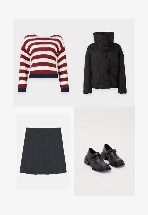 Melna quiltota pūka jaka ar augstu apkakli, ar pielāgojamiem aizdariem un divām priekšējām kabatām. Mīksta tekstūra un pārmērīgs piegriezums.; Adītas džemperis ar horizontālām sarkanu un baltu svītrām, ar īsu dizainu un tumši zilu apdari ap apakšu un piedurknēm.; Tumši pelēks plisēts svārki ar elastīgu jostu, ar teksturētu audumu un klasisku A formas siluetu. Piemēroti ikdienas valkāšanai.; Melnas ādas kurpes ar noapaļotu purngalu, plakanu zoli un siksniņu ar sprādzi. Masīvs bloku papēdis papildu stabilitātei.