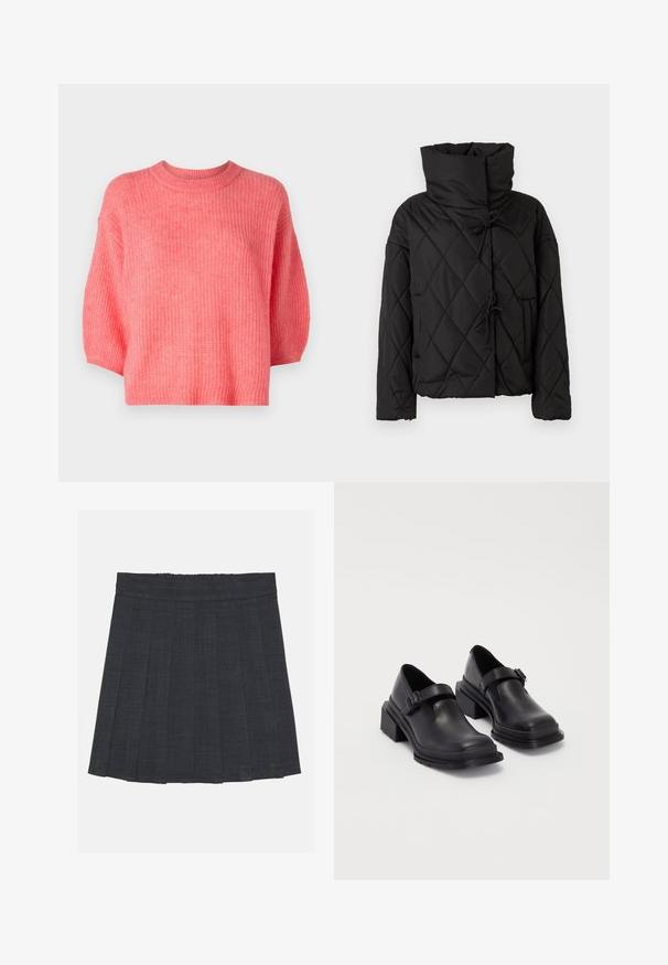 Črna prešita puffer jakna z visokim ovratnikom, ki ima zategovalke in dve sprednji žepu. Mehka tekstura in ohlapen kroj.; Roza pletena jopica, okrogla izreza, skrajšan dizajn, kratki rokavi, teksturirana tkanina z ohlapnim krojem, rebrasti robovi in brez vidnih zadrg.; Temno siva nabrana krila z elastičnim pasom, ki ima teksturirano tkanino in klasično silhueto v obliki črke A. Primerna za vsakodnevno nošenje.; Črne usnjene čevlje z zaobljenim nosom, ravnim podplatom in trakcem z zaponko. Debel blokasti petnik za dodatno stabilnost.
