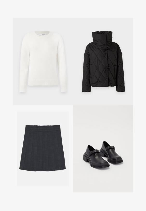 Črna prešita puffer jakna z visokim ovratnikom, ki ima zategovalke in dve sprednji žepu. Mehka tekstura in ohlapen kroj.; Bela pletena dolga majica z dolgimi rokavi, z rebrastimi manšetami, robom in okroglim izrezom na enobarvni beli podlagi.; Temno siva nabrana krila z elastičnim pasom, ki ima teksturirano tkanino in klasično silhueto v obliki črke A. Primerna za vsakodnevno nošenje.; Črne usnjene čevlje z zaobljenim nosom, ravnim podplatom in trakcem z zaponko. Debel blokasti petnik za dodatno stabilnost.