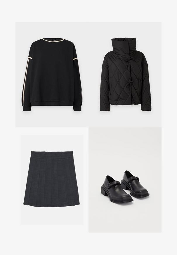 Μαύρο καπιτονέ μπουφάν με ψηλό γιακά, διαθέτοντας κλείσιμο με κορδόνια και δύο μπροστινές τσέπες. Μαλακή υφή και υπερμεγέθης εφαρμογή.; Μαύρος φούτερ με μακριά μανίκια και μπεζ λεπτομέρεια γύρω από τον λαιμό και τα μανίκια, με άνετη εφαρμογή και ραμμένους κάρπους και στρίφωμα.; Σκούρο γκρι πλισέ φούστα με ελαστική μέση, κατασκευασμένη από υφασμάτινο υλικό με υφή και κλασική A-line σιλουέτα. Κατάλληλη για καθημερινές εμφανίσεις.; Μαύρες δερμάτινες παπούτσια με στρογγυλή μύτη, επίπεδη σόλα και λουράκι με λεπτομέρεια από αγκράφα. Χοντρός τετράγωνος τακούνι για πρόσθετη σταθερότητα.