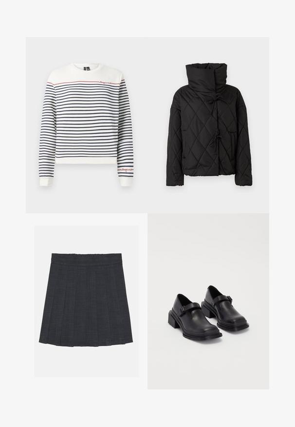 Fekete steppelt pufi dzseki magas gallérral, zsinóros záródással és két elülső zsebbel. Puha tapintású és oversized fazonú.; Fehér és tengerészkék csíkos pulóver, piros hímezéssel, amelyen az "Boldogság" felirat olvasható. Kerek nyakkivágással és bordás mandzsettákkal rendelkezik. Puha pamut anyagból készült.; Sötétszürke pliszírozott szoknya rugalmas derékkal, texturált anyagból, klasszikus A-vonalú sziluettel. Alkalmas mindennapi viseletre.; Fekete bőr cipők lekerekített orral, lapos talppal és csattal díszített pánttal. Masszív blokk talp a megnövelt stabilitásért.