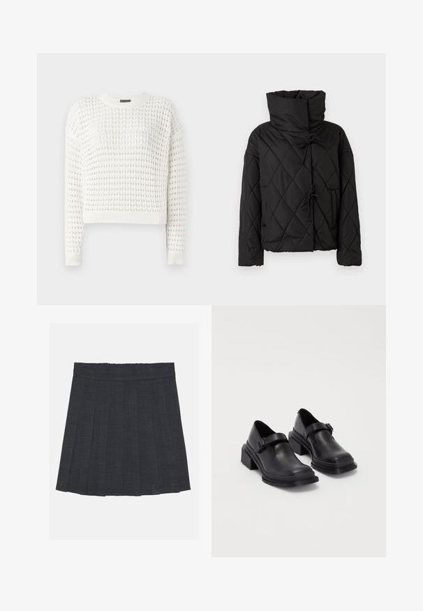 Mustikka vuorattu puffatakki, jossa on korkea kaulus, säätönyörit ja kaksi etutaskua. Pehmeä pinta ja ylisuuri istuvuus.; Valkoinen neulottu neule, jossa on tekstuuri-kuvio, pyöreä pääntie, pitkät hihat sekä ribbaus hihansuissa ja helmassa. Lyhyt malli.; Tummanharmaa laskostettu hame, jossa on joustava vyötärö, teksturoitu kangas ja klassinen A-linjainen siluetti. Sopii arkikäyttöön.; Mustat nahkakengät, joissa on pyöreä varvas, litteä pohja ja soljellinen hihna. Paksu lohkopohja lisää vakautta.