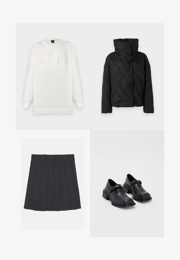 Czarna pikowana kurtka puchowa z wysokim kołnierzem, z zapięciem na sznurki i dwoma przednimi kieszeniami. Miękka tekstura i luźny krój.; Biała bluza z polaru z okrągłym dekoltem, z tłoczonym logiem „GAP” w beżowym kolorze. Długie rękawy z prążkowanymi mankietami i dołem. Miękka faktura.; Ciemnoszara spódnica plisowana z elastycznym pasem, wykonana z fakturowanej tkaniny, o klasycznym kroju A. Idealna do codziennych stylizacji.; Czarna skórzana obuwie z zaokrąglonym czubkiem, płaską podeszwą i paskiem z klamrą. Grubszy blokowy obcas dla dodatkowej stabilności.