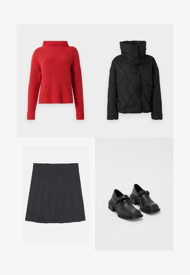 Black quilted puffer jacket with a high collar, featuring drawstring closures and two front pockets. Soft texture and oversized fit.; Red knit sweater with a high collar, ribbed texture, long sleeves, and fitted cuffs. Casual, boxy design suitable for layering.; Dark gray pleated skirt with an elastic waistband, featuring a textured fabric and a classic A-line silhouette. Suitable for casual wear.; Black leather shoes with a rounded toe, flat sole, and a strap with a buckle detail. Chunky block heel for added stability.