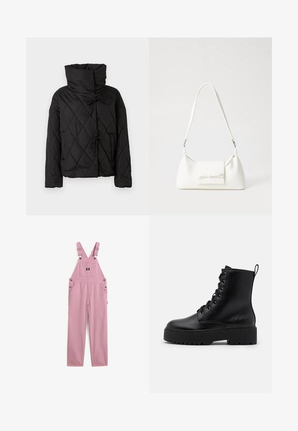Zwarte gewatteerde pufferjack met een hoge kraag, voorzien van trekkoordsluitingen en twee voorzakken. Zachte textuur en oversized pasvorm.; Witte lange mouw crop top, gemaakt van zachte katoen, met een ronde halslijn en een aansluitend ontwerp met minimale naden en zonder versieringen.; Roze katoenen salopetten met verstelbare schouderbanden, twee voorzakken en een vierkante borstzak, versierd met metalen hardwareaccenten.; Zwarte leren enkelboot met een dikke, gestructureerde zool, ronde neus en metalen oogjes voor veters. Voorzien van een lus aan de achterkant.; Witte synthetische handtas met een driehoekige vorm, platte voorklep en strikdetail, verstelbare schouderriem, gladde textuur en minimalistisch ontwerp.