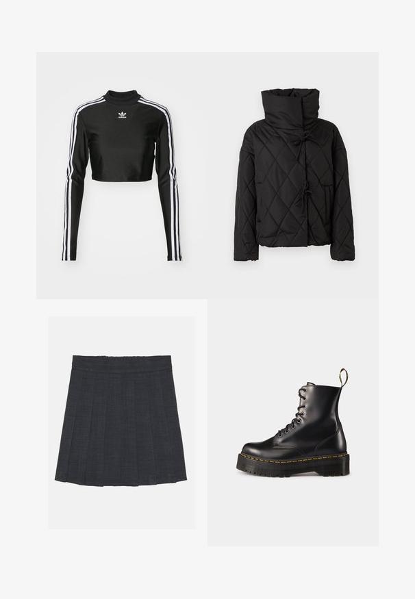 Juodas pūkuotas striukė su aukštu apykakle, su lace uždarymo ir dviem priekinių kišenių. Minkšta tekstūra ir per didelis fasonas.; Juodas trumpas ilgomis rankovėmis viršus, pagamintas iš lygios medžiagos, su baltais trimis juostelėmis palei rankoves ir aukšta apykakle.; Tamsiai pilka klostuota sijonas su elastinga juosta, pasižymintis tekstūruotu audiniu ir klasikinė A formos siluetu. Tinka kasdieniam dėvėjimui.; Juodi odiniai auliniai batai su raišteliais, turintys masyvų juodą pado ir geltoną siūlą. Su nugarinėmis kilpomis ir apvaliais metaliniais akių laikikliais.