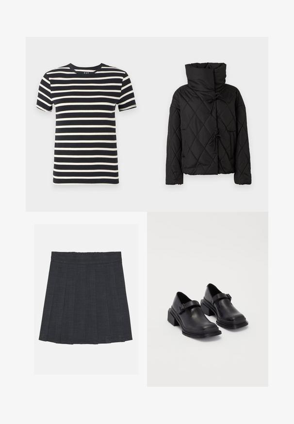 Svart quiltet pufferjakke med høy krage, med snøring og to frontlommer. Myk tekstur og oversized passform.; Marineblå t-skjorte med horisontale kremfargede striper, rund hals, korte ermer og mykt bomullsmateriale. Kantene er pent avsluttet.; Mørkegrå plissert skjørt med elastisk midje, med teksturert stoff og en klassisk A-linje silhuett. Passer for hverdagsbruk.; Sorte lærersko med rund tå, flat såle og en rem med spenne-detalj. Kraftig blokkhæl for bedre stabilitet.