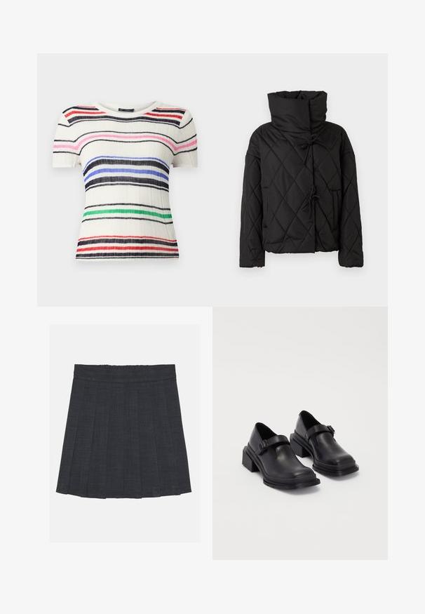 Melna quiltota pūka jaka ar augstu apkakli, ar pielāgojamiem aizdariem un divām priekšējām kabatām. Mīksta tekstūra un pārmērīgs piegriezums.; Īsām piedurknēm tops no ribotām baltām audumiem, kas apņem horizontālas svītras melnā, zilā, rozā, sarkanā un zaļā krāsā. Klasiska apaļa kakla izgriezums, pieguloša piegriezuma dizains.; Tumši pelēks plisēts svārki ar elastīgu jostu, ar teksturētu audumu un klasisku A formas siluetu. Piemēroti ikdienas valkāšanai.; Melnas ādas kurpes ar noapaļotu purngalu, plakanu zoli un siksniņu ar sprādzi. Masīvs bloku papēdis papildu stabilitātei.