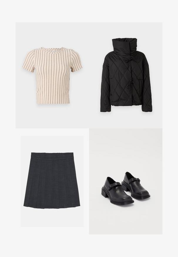 Chaqueta de plumas acolchada negra con un alto cuello, que presenta cierres ajustables y dos bolsillos frontales. Textura suave y ajuste oversize.; Top corto beige de manga corta con rayas horizontales en navy. Presenta un escote redondo y una textura acanalada, ofreciendo una silueta ajustada.; Falda plisada gris oscuro con cinturilla elástica, que presenta una tela texturada y una silueta clásica en A. Adecuada para un estilo casual.; Zapatos de cuero negros con punta redondeada, suela plana y una correa con detalle de hebilla. Tacón cuadrado grueso para mayor estabilidad.