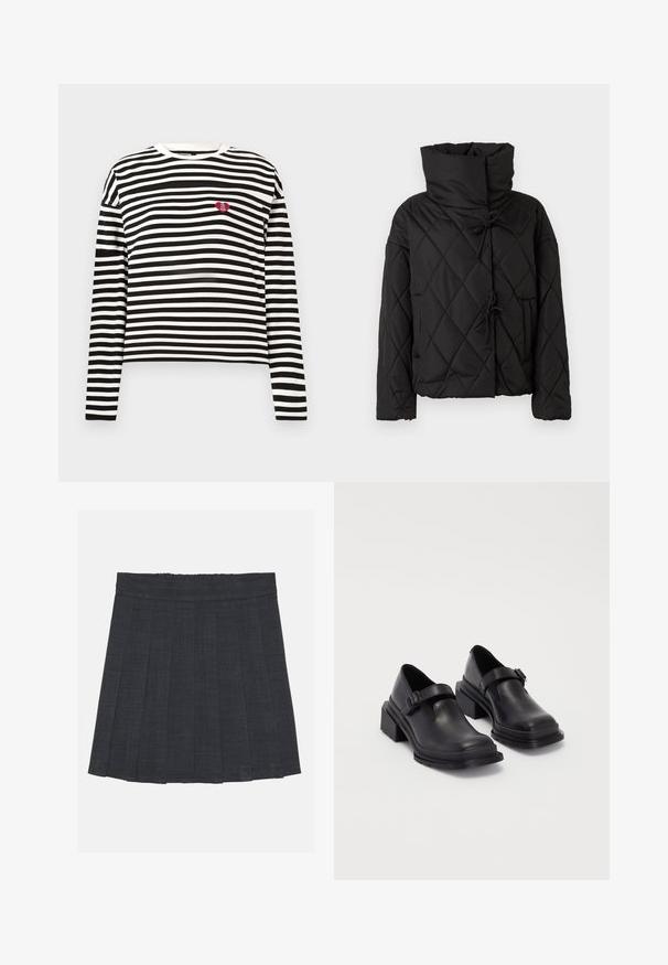 Fekete steppelt pufi dzseki magas gallérral, zsinóros záródással és két elülső zsebbel. Puha tapintású és oversized fazonú.; Fekete-fehér vízszintes csíkos, hosszú ujjú ing, bal mellen egy kis piros szív folttal, amelyen az áll: "A VIP Klub".; Sötétszürke pliszírozott szoknya rugalmas derékkal, texturált anyagból, klasszikus A-vonalú sziluettel. Alkalmas mindennapi viseletre.; Fekete bőr cipők lekerekített orral, lapos talppal és csattal díszített pánttal. Masszív blokk talp a megnövelt stabilitásért.