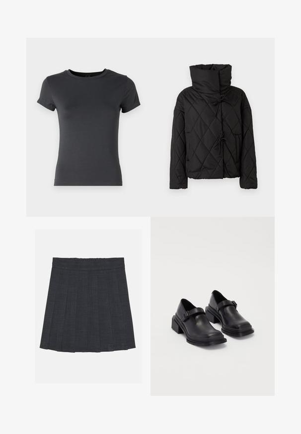 Black quilted puffer jacket with a high collar, featuring drawstring closures and two front pockets. Soft texture and oversized fit.; Dark grey short-sleeve t-shirt, made of smooth cotton fabric, featuring a round neck and a fitted silhouette, with a clean finish at the hem.; Dark gray pleated skirt with an elastic waistband, featuring a textured fabric and a classic A-line silhouette. Suitable for casual wear.; Black leather shoes with a rounded toe, flat sole, and a strap with a buckle detail. Chunky block heel for added stability.