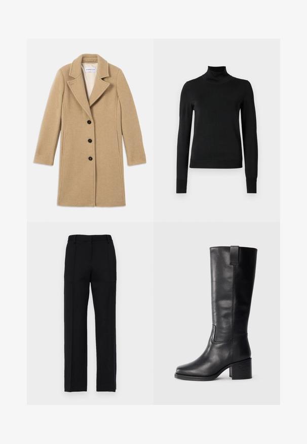 Bežinė vilnos striukė su įpjovimais ant apykaklės, keturiais juodais mygtukais ir ilgomis rankovėmis. Sklandi tekstūra su švariomis linijomis ir pritaikytu siluetu.; Juoda ilgomis rankovėmis turtleneko tipo megztinis su rebruotomis rankovėmis ir apačia, eksponuojamas ant paprasto balto fono.; Juodos, pritaikytos kelnės su tiesios kojos fasonu, turinčios priekinę raukšlę ir plokščią liemenį. Pagamintos iš lygaus, tekstūruoto audinio.; Juodos odinės iki kelių siekiančios botai su lygiu paviršiumi, kvadratiniu pirštu, storu kulnu ir šoniniu kilputė, su minimaliais siuvimo akcentais.