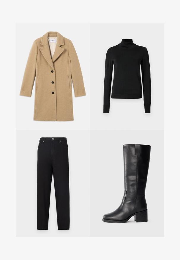 Bežinė vilnos striukė su įpjovimais ant apykaklės, keturiais juodais mygtukais ir ilgomis rankovėmis. Sklandi tekstūra su švariomis linijomis ir pritaikytu siluetu.; Juoda ilgomis rankovėmis turtleneko tipo megztinis su rebruotomis rankovėmis ir apačia, eksponuojamas ant paprasto balto fono.; Juodų džinsų kelnės pasižymi tiesiu kirpimu, matomomis siūlėmis ir priekinėmis kišenėmis. Medžiaga turi lygią tekstūrą su nedideliu blizgesiu.; Juodos odinės iki kelių siekiančios botai su lygiu paviršiumi, kvadratiniu pirštu, storu kulnu ir šoniniu kilputė, su minimaliais siuvimo akcentais.