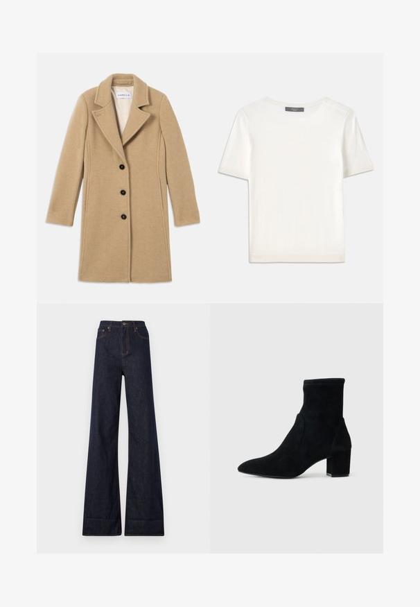 Beige wool coat featuring a notched lapel, four black buttons, and long sleeves. Smooth texture with clean lines and tailored fit.; White short-sleeve knit top with a round neckline, featuring a smooth texture and subtle ribbed accents at sleeves and hem.; Ksubi STRIDER CUFF ORIGINAL - Wide Leg - blue denim; Black suede ankle boot with a pointed toe, mid-height block heel, and elasticized shaft. Smooth texture with no visible hardware or accents.