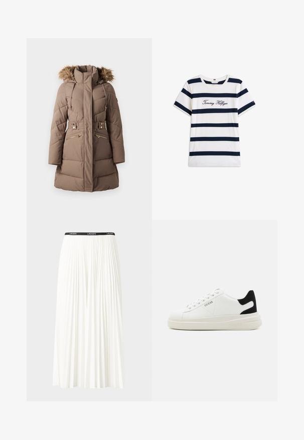 Taupe zimní kabát s polstrováním, kapucí lemovanou kožešinou, vysokým límcem, páskem v pase a zipovými předními kapsami na bílém pozadí.; Bavlněné tričko s horizontálními námořnickými pruhy na bílém pozadí. Na hrudi je výšivka "Tommy Hilfiger" v kurzívě. Kulatý výstřih.; Záhybová bílá sukně s černým elastickým pasem s logem "LACOSTE". Suška je střední délky a má jemnou texturu.; Bílé kožené tenisky s tlustou bílou podrážkou, černým semišovým akcentem na patě a vyraženým logem na boku. Šněrovací design se šesti očka.