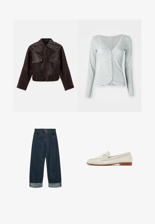 Ciemnobrązowa skórzana kurtka z przednim zamkiem, dwiema kieszeniami na klatce piersiowej z klapami, długimi rękawami oraz regulowanym paskiem na talii z klamrą.; Jasnoniebieski kardigan wykonany z teksturowanej dzianiny. Posiada falbaniasty koronkowy wykończenie przy dekolcie oraz zapinany front, a także długie rękawy.; Koszula z długim rękawem w granatowo-białą kratę, wykonana z flaneli, z kołnierzykiem mandaryńskim i czarnymi guzikami.; Dwie dopasowane koszulki na ramiączkach z koronkowym wykończeniem, jedna biała, a druga czarna, prezentujące się na jednolitym jasnym tle.; Dżinsowe spodnie w ciemnoniebieskim kolorze o luźnym kroju, z podwiniętymi mankietami, pięcioma kieszeniami oraz kontrastującymi detalami przeszycia.; Kremowe skórzane loafersy z płaską, brązową podeszwą. Posiadają przednią klapkę i mały złoty akcent z boku. Gładka tekstura, minimalistyczny design.