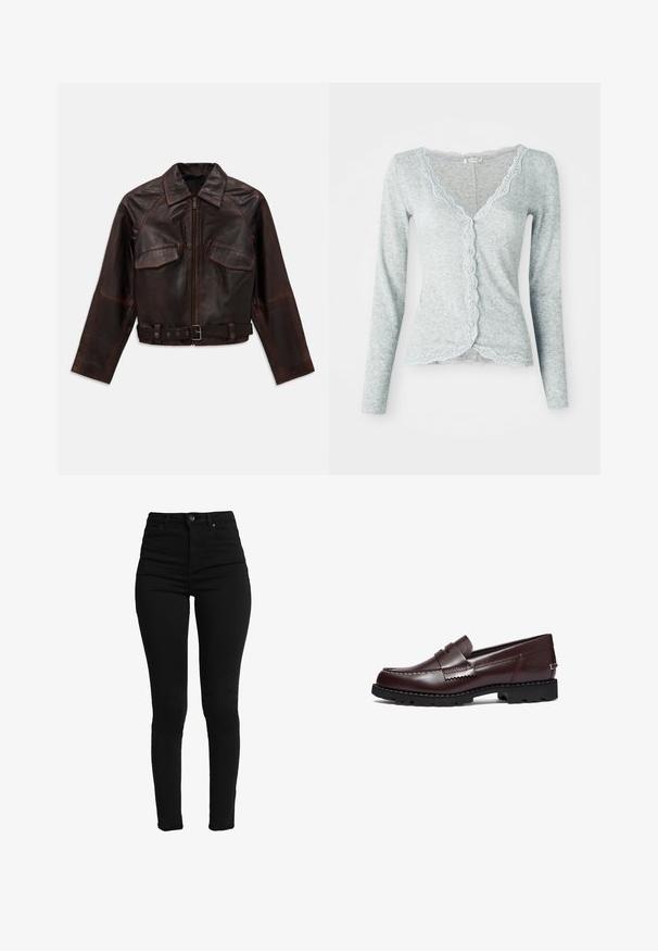 Mörkbrun läderjacka med framdragkedja, två bröstfickor med lock, långa ärmar och ett justerbart spännband i midjan.; Ljusblå cardigan i texturerat stickat tyg. Har en vågig spetskant längs halsringningen och knäppning fram, långa ärmar.; Skjorta med knäppning i marinblått och vitt rutmönster, långa ärmar, tillverkad av flanellmaterial, med mandarin-krage och svarta knappar.; Två slim-fit linnen med spetsdetaljer, ett i vitt och ett i svart, visade på en enkel ljus bakgrund.; Svarta högmidjade skinny jeans i stretchdenim, med knapp i fronten, dragkedja och fem fickor för funktionalitet.; Timberland Slip-ins - burgundy