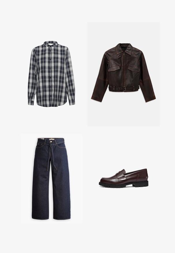 Tummanruskea nahkatakki, jossa on etuvetoketju, kaksi rintataskua läpällä, pitkät hihat ja säädettävä solkipanta vyötäröllä.; Vaaleansininen neuletakki, joka on valmistettu tekstuuriques kudotusta kankaasta. Siinä on aaltoileva pitsireunus kaula-aukossa ja napitettu etuosa sekä pitkät hihat.; Napapaita sinivalkoisessa ruutukuviossa, pitkät hihat, valmistettu flanellimateriaalista, jossa on mandariinikaulus ja mustat napit.; Kaksi slim-fit toppia pitsireunuksella, yksi valkoinen ja yksi musta, esiteltyinä vaaleaa yksinkertaista taustaa vasten.; Korkeavyötäröiset tummansiniset leveälahkeiset farkut, joissa on narunauhakuja, viisi taskua ja kontrastiväriset ompeluseikat.; Timberland Loaferit/pistokkaat - burgundy