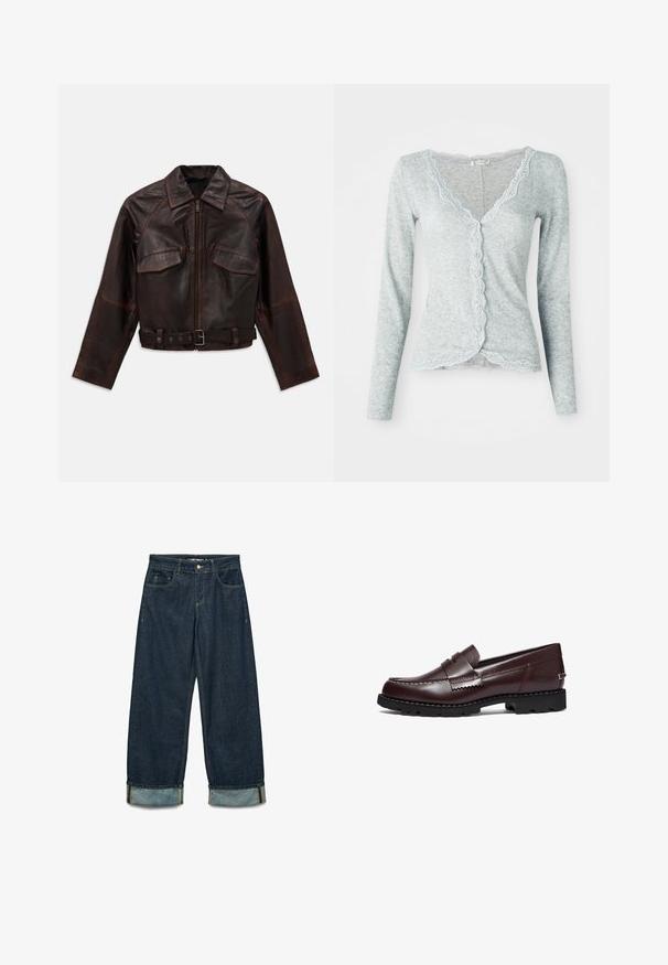 Mörkbrun läderjacka med framdragkedja, två bröstfickor med lock, långa ärmar och ett justerbart spännband i midjan.; Ljusblå cardigan i texturerat stickat tyg. Har en vågig spetskant längs halsringningen och knäppning fram, långa ärmar.; Två slim-fit linnen med spetsdetaljer, ett i vitt och ett i svart, visade på en enkel ljus bakgrund.; Skjorta med knäppning i marinblått och vitt rutmönster, långa ärmar, tillverkad av flanellmaterial, med mandarin-krage och svarta knappar.; Jeans i mörkblått med lös passform, som har uppvikta fållar, fem fickor och kontrasterande sömdetaljer.; Timberland Slip-ins - burgundy