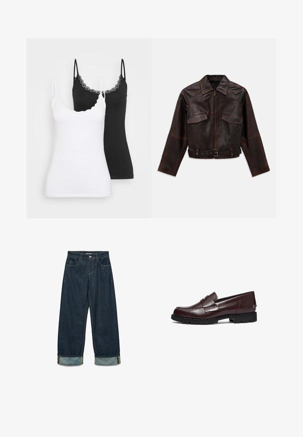 Ciemnobrązowa skórzana kurtka z przednim zamkiem, dwiema kieszeniami na klatce piersiowej z klapami, długimi rękawami oraz regulowanym paskiem na talii z klamrą.; Jasnoniebieski kardigan wykonany z teksturowanej dzianiny. Posiada falbaniasty koronkowy wykończenie przy dekolcie oraz zapinany front, a także długie rękawy.; Dwie dopasowane koszulki na ramiączkach z koronkowym wykończeniem, jedna biała, a druga czarna, prezentujące się na jednolitym jasnym tle.; Koszula z długim rękawem w granatowo-białą kratę, wykonana z flaneli, z kołnierzykiem mandaryńskim i czarnymi guzikami.; Dżinsowe spodnie w ciemnoniebieskim kolorze o luźnym kroju, z podwiniętymi mankietami, pięcioma kieszeniami oraz kontrastującymi detalami przeszycia.; Timberland - Półbuty wsuwane