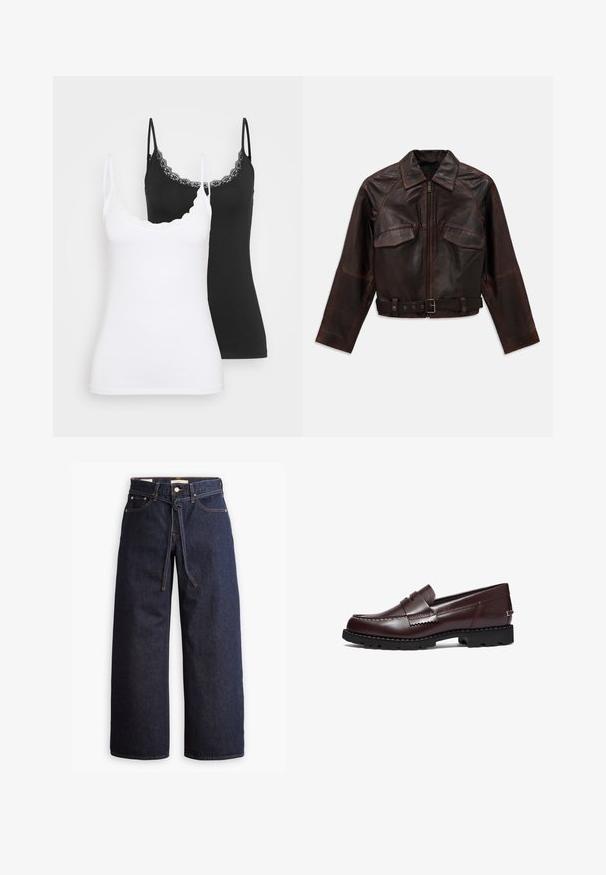 Chaqueta de cuero marrón oscuro con cremallera frontal, dos bolsillos con solapa en el pecho, mangas largas y un cinturón ajustable con hebilla en la cintura.; Cardigan azul claro hecho de un tejido de punto texturizado. Presenta un borde de encaje con forma de concha a lo largo del escote y un cierre delantero con botones, y mangas largas.; Dos camisetas de tirantes ajustadas con encaje, una en blanco y otra en negro, exhibidas sobre un fondo claro y liso.; Camisa de botones de patrón de cuadro en azul marino y blanco, de manga larga, hecha de material de franela, con cuello mao y botones negros.; Jeans de mezclilla oscuros de pierna ancha con cintura alta, que cuentan con un lazo ajustable, cinco bolsillos y detalles de costura en contraste.; Timberland Zapatos sin cordones - burgundy