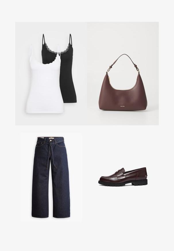 Mörkbrun läderjacka med framdragkedja, två bröstfickor med lock, långa ärmar och ett justerbart spännband i midjan.; Ljusblå cardigan i texturerat stickat tyg. Har en vågig spetskant längs halsringningen och knäppning fram, långa ärmar.; Två slim-fit linnen med spetsdetaljer, ett i vitt och ett i svart, visade på en enkel ljus bakgrund.; Brettbeniga mörkblå denimjeans med hög midja, utrustade med snörning, fem fickor och kontrasterande sömmar.; Timberland Slip-ins - burgundy; Mörkgrön handväska med en böjd silhuett och ett kort rem, som har en guldfärgad dragkedja och en diskret Calvin Klein-logotyp på framsidan.