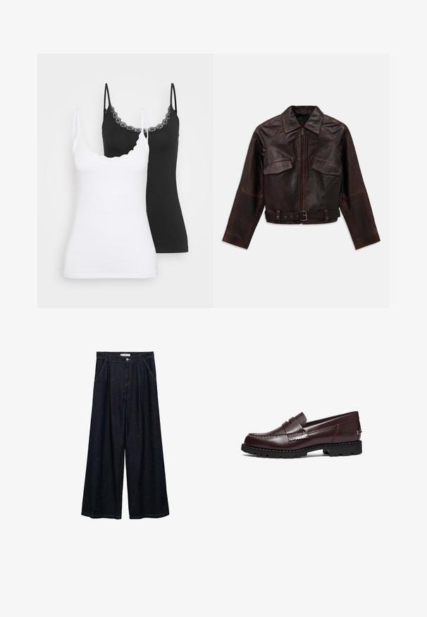 Tummanruskea nahkatakki, jossa on etuvetoketju, kaksi rintataskua läpällä, pitkät hihat ja säädettävä solkipanta vyötäröllä.; Vaaleansininen neuletakki, joka on valmistettu tekstuuriques kudotusta kankaasta. Siinä on aaltoileva pitsireunus kaula-aukossa ja napitettu etuosa sekä pitkät hihat.; Kaksi slim-fit toppia pitsireunuksella, yksi valkoinen ja yksi musta, esiteltyinä vaaleaa yksinkertaista taustaa vasten.; Tummat farkku leveälahkeiset housut korkealla vyötäröllä, joissa on etunapit, kaksi sivutaskua ja ompeluyksityiskohtia.; Timberland Loaferit/pistokkaat - burgundy