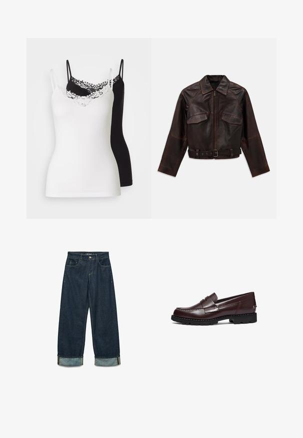 Giacca in pelle marrone scuro con zip frontale, due tasche a soffietto sul petto, maniche lunghe e una cinta regolabile con fibbia in vita.; Cardigan azzurro chiaro realizzato in tessuto a maglia testurizzata. Presenta un bordo in pizzo a scallop lungo il collo e una chiusura con bottoni sul davanti, maniche lunghe.; Due top, uno bianco e uno nero, con spalline regolabili. Il top bianco presenta un bordo in pizzo lungo il scollo. Texture liscia.; Camicia button-up a quadri navy e bianca, maniche lunghe, realizzata in materiale flanella, con colletto alla cinese e bottoni neri.; Pantaloni in denim di colore blu scuro con una vestibilità ampia, caratterizzati da orli arrotolati, cinque tasche e dettagli di cucitura a contrasto.; Timberland Scarpe senza lacci - burgundy