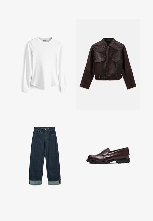 Dark brown leather jacket with front zipper, two chest flap pockets, long sleeves, and an adjustable buckle belt at the waist.; Light blue cardigan made of textured knit fabric. Features a scalloped lace trim along the neckline and buttoned front, long sleeves.; White long-sleeve, ribbed crewneck t-shirt with a rounded hem and side slits, made from a soft, textured fabric.; Button-up shirt in navy and white plaid pattern, long sleeves, made from flannel material, featuring a mandarin collar and black buttons.; Denim trousers in dark blue with a loose fit, featuring rolled cuffs, five pockets, and contrasting stitching details.; Timberland Slip-ons - burgundy