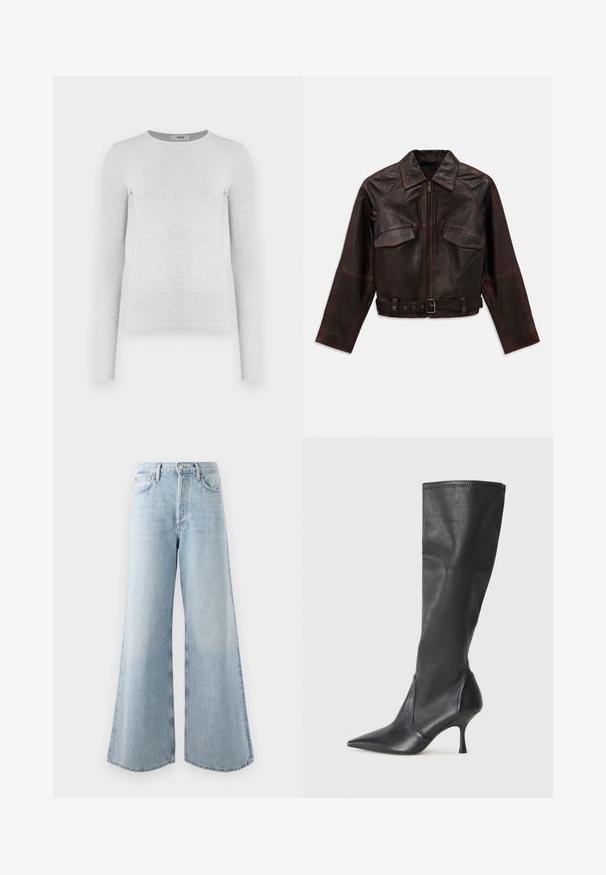 Ciemnobrązowa skórzana kurtka z przednim zamkiem, dwiema kieszeniami na klatce piersiowej z klapami, długimi rękawami oraz regulowanym paskiem na talii z klamrą.; Szary sweter z długim rękawem, prążkowany, okrągły dekolt, dopasowany krój, gładka faktura, bez widocznych logo ani ozdób.; Jasnoniebieskie jeansy typu wide-leg wykonane z denimu, z wysokim stanem, pięcioma kieszeniami i zapięciem na guzik/suwak. Rozkloszowany dół dla dodatkowej objętości.; Czarne skórzane botki do kolan z ostrym noskiem i wąskim obcasem w szpilkę. Gładka tekstura z dopasowanym krojem i przeszyciem na górnej krawędzi.