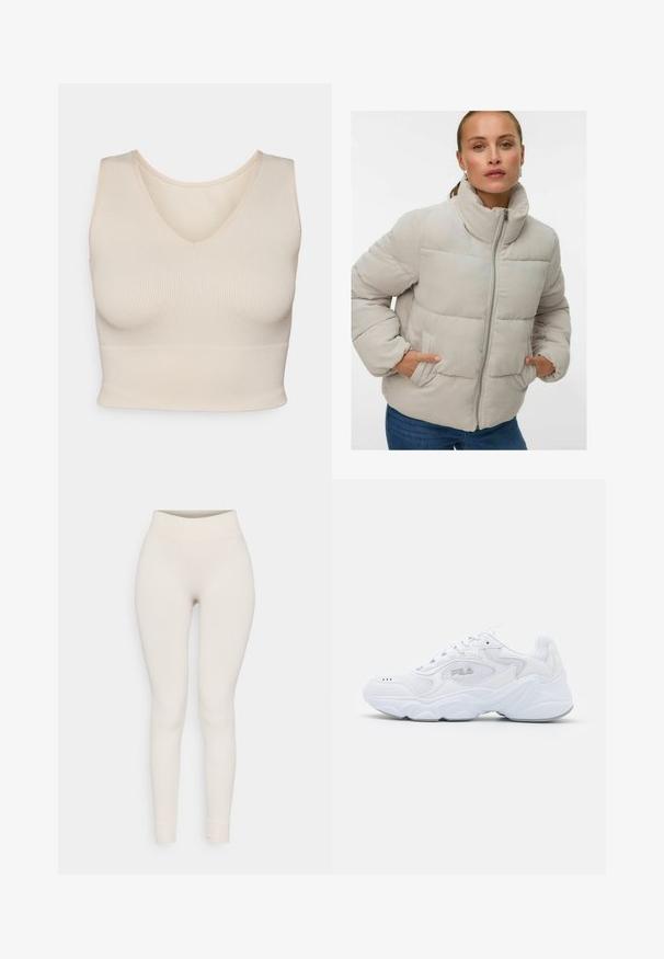 Světlé šedé kordurové pufovací sako s vysokým límcem, předním zipem a bočními kapsami. Má prošívané části a žebrovanou texturu.; Světle béžová žebrovaná tílko s výstřihem do V, vypasovaným střihem, širokými ramínky a bezešvým lemem, vyrobené z měkké, pružné tkaniny.; Žebrované legíny v béžové barvě, s vysokým pasem a přiléhavým střihem. Hladká textura, zúžené nohavice a manžetové lemy.; Bílé sportovní boty s texturovaným síťovaným svrškem, polstrovaným límcem a robustní podrážkou. Zahrnují logo na boku a šněrování.