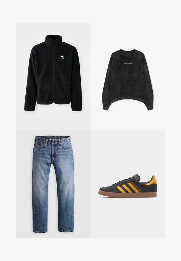 Svart fleecejacka med hög krage, blixtlås fram och framfickor. Har strukturtyg och en liten vit logotyp på vänster bröst.; Svart sweatshirt med tie-dye finish, med rund halsringning, långa ärmar och guldtext som säger "TIMELESS EXISTENCE" på framsidan.; Raka blå denimjeans med knapp- och dragkedjestängning, fem fickor och orange sömmar på en ljusgrå bakgrund.; Svart mockaskor med gula accenter, med tre ränder och en brun gummisula. Inkluderar en vadderad tunga för extra komfort.