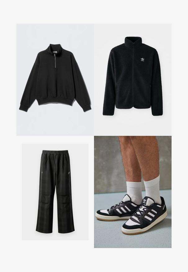Crna fleec jakna s visokim ovratnikom, prednjim zatvaračem i prednjim džepovima. Ima teksturirani materijal i mali bijeli logo na lijevoj strani prsnog koša.; Crna majica s kapuljačom s visokim ovratnikom i poluzipom, s padajućim ramenima i rebrastim rubom. Izrađena od mekog, teksturiranog materijala.; Crne karirane hlače s elastičnom urezom, dva prednja džepa i ležernim krojem s ravnim nogavicama. Izrađene su od laganog materijala.; Crne i bijele tenisice s gornjim dijelom od antilopa i kože, s tri bijele pruge, perforiranim prstom i gumiranim potplatom.