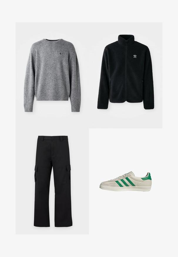 Schwarze Fleecejacke mit hohem Kragen, durchgehendem Reißverschluss und Fronttaschen. Verfügt über strukturiertes Material und ein kleines weißes Logo auf der linken Brust.; Grauer Strickpullover mit rundem Ausschnitt, gerippten Bündchen und Saum sowie kleinem Logo auf der Brust. Weiche Textur und lässige Passform.; Schwarze Cargo-Hosen mit geradem Bein Design. Hergestellt aus strapazierfähigem Stoff, mit zwei Seitentaschen mit Klappen und einem Knopfverschluss.; Beige Sneaker mit grünen Streifen, ausgestattet mit einer weißen Sohle und einem Obermaterial aus glattem Leder. Seitenansicht, die die Schnürdetails und das Logo hervorhebt.