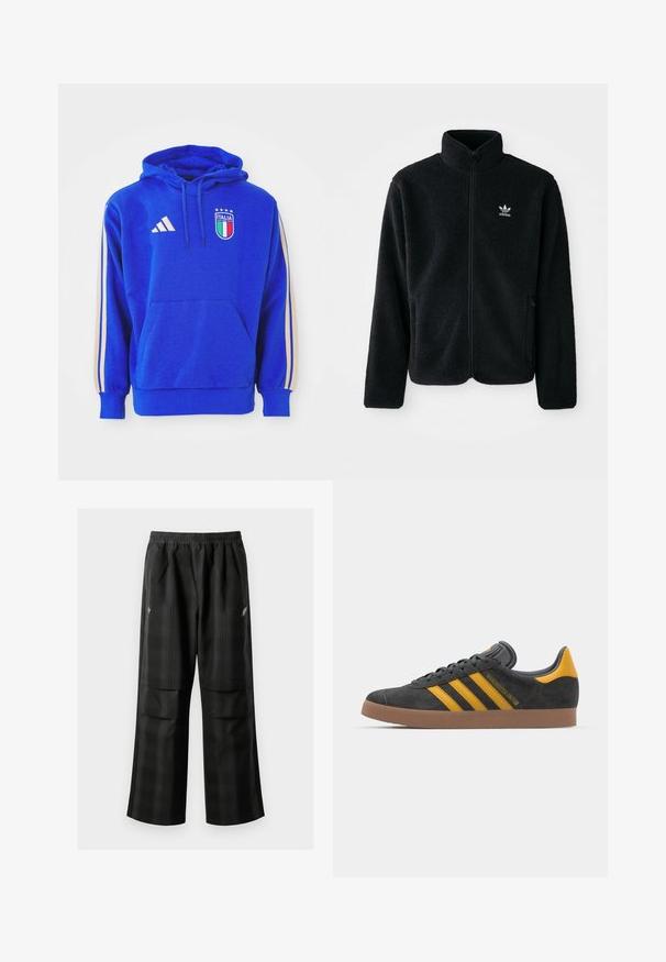 Must värviline fleecedee peasärk kõrge kraega, tõmblukuga esiosa ja esikotid. Omab tekstuuriga kangast ja väikest valget logo vasakul rinnal.; Sinine kapuutsiga särk, millel on beežid triibud varrukatel, esikott ja brodeeritud Itaalia logo tähtedega. Valmistatud pehmest kangast.; Mustas ruudulised püksid, millel on elastne vöökoht, kaks esimest taskut ja laiem lõige sirge jala disainiga. Valmistatud kergest materjalist.; Mustad sametist spordijalatsid kollaste aktsentidega, millel on kolm triipu ja pruun kummitald. Mugavuse tagamiseks on neil pehmendatud keele osa.