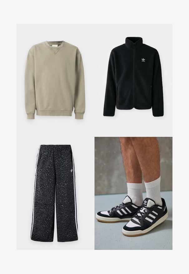 Juodas fliso džemperis su aukštu apykakle, užtrauktuku priekyje ir priekinėmis kišenėmis. Ypatybės: tekstūruota medžiaga ir mažas baltas logotipas kairėje krūtinės pusėje.; Žalias džemperis pagamintas iš švelnaus medvilnės mišinio, su apvalia iškirpte, raukinių rankovėmis ir laisvu siluetu su subtiliais siuvinėjimo akcentais.; adidas Originals GRAPHIC UNISEX - Treningo apatinė dalis - black; Juodos ir baltos sportinės bateliai su zomšiniu ir odiniu viršumi, su trimis baltomis juostelėmis, perforuota koja ir guminėmis padais.