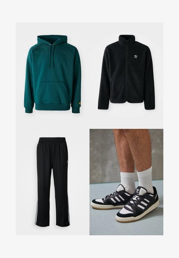 Casaco de fleece preto com gola alta, fecho de correr à frente e bolsos frontais. Apresenta um tecido texturizado e um pequeno logo branco no lado esquerdo do peito.; Sweatshirt azul-petróleo com um bolso canguru, cordões e punhos canelados. Tecido macio com uma textura suave, apresentando um detalhe de logo na manga.; Calças atléticas pretas com um cós elástico, apresentando riscas brancas laterais e um pequeno logótipo. O material parece macio e leve.; Ténis em preto e branco com upper em camurça e couro, apresentando três riscas brancas, um toe perfurado e uma sola em borracha de goma.