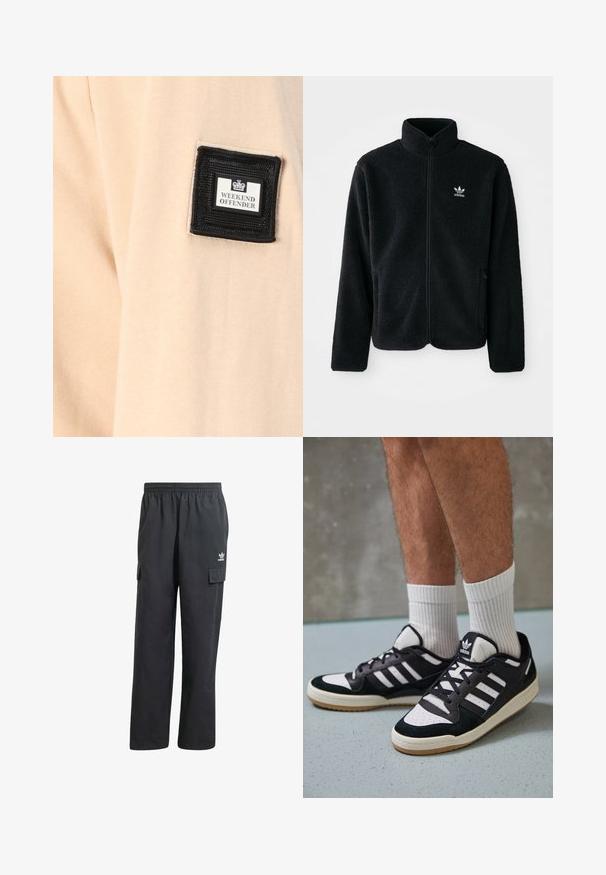 Jachetă din fleece neagră cu guler înalt, fermoar pe față și buzunare frontale. Caracteristici ale materialului texturat și un mic logo alb pe pieptul stâng.; Material bej cu o textură moale, având o pată pătrată neagră etichetată "WEEKEND OFFENDER" cu un logo alb.; Pantaloni cargo negri cu talie elastică, două buzunare laterale și un logo subtil pe coapsa stângă. Confecționați dintr-un material ușor.; Adidași negri și albi cu un superior din suede și piele, prevăzuți cu trei dungi albe, un vârf perforat și o talpă din cauciuc caramel.
