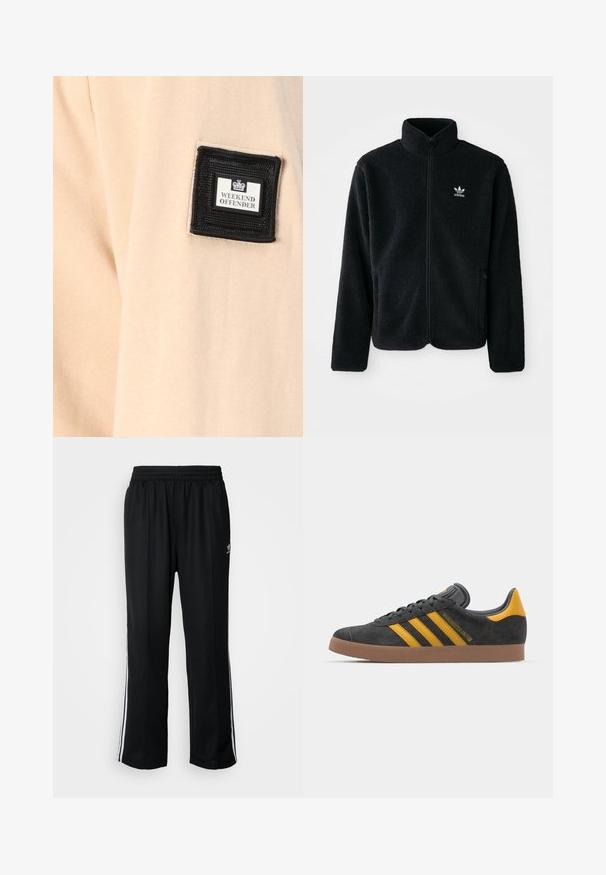 Jachetă din fleece neagră cu guler înalt, fermoar pe față și buzunare frontale. Caracteristici ale materialului texturat și un mic logo alb pe pieptul stâng.; Material bej cu o textură moale, având o pată pătrată neagră etichetată "WEEKEND OFFENDER" cu un logo alb.; Pantaloni atletici negri cu talie elastică, având dungi albe pe laterale și un mic logo. Materialul pare moale și ușor.; Tenisi negri din suede cu accente galbene, având trei dungi și o talpă din cauciuc maroniu. Include un limba căptușită pentru confort.