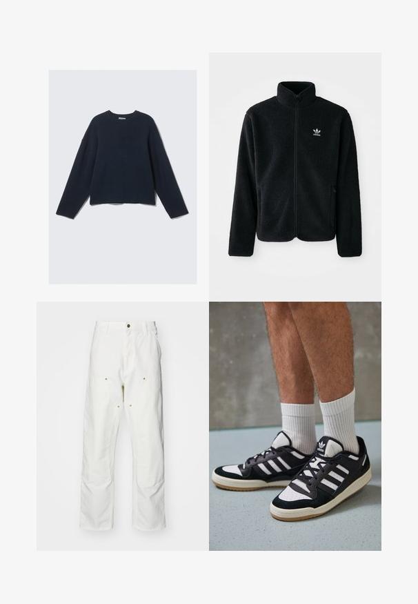 Schwarze Fleecejacke mit hohem Kragen, durchgehendem Reißverschluss und Fronttaschen. Verfügt über strukturiertes Material und ein kleines weißes Logo auf der linken Brust.; Marineblauer, langärmeliger Strickpullover mit Rundhalsausschnitt und leicht gesenkten Schultern vor einem schlichten hellen Hintergrund.; Weiße Baumwoll-Cargohose mit lockerer Passform. Zu den Merkmalen gehören Fronttaschen, goldfarbene Hardware-Akzente und verstärkte Kniebereiche.; Schwarz-weiße Sneaker mit einem Obermaterial aus Wildleder und Leder, ausgestattet mit drei weißen Streifen, einer perforierten Zehenpartie und einer Sohle aus Gummi.