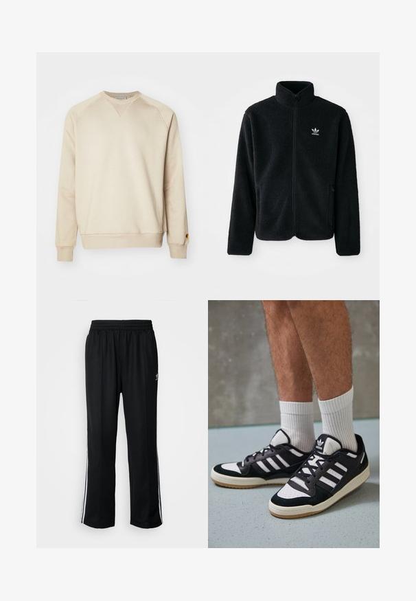 Svart fleecejacka med hög krage, blixtlås fram och framfickor. Har strukturtyg och en liten vit logotyp på vänster bröst.; Beige sweatshirt i mjuk bomullsblandning, med ribbade muddar och nederkant, raglanärmar och en liten metalllogotyp på vänster ärm.; Svarta träningsbyxor med elastisk midja, med vita sidostreck och en liten logotyp. Materialet verkar mjukt och lätt.; Svartvita sneakers med ovandel i mocka och läder, med tre vita ränder, perforerad tå och sula av gummigummi.