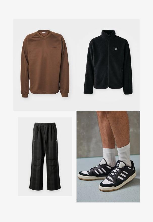 Must värviline fleecedee peasärk kõrge kraega, tõmblukuga esiosa ja esikotid. Omab tekstuuriga kangast ja väikest valget logo vasakul rinnal.; Pruun sügisid, millel on V-kaeluse disain, pikkad raglaanvarrukad ja ribaga mansetid. Rinnal on peenelt tikitud logo. Silmapaistev tekstuur.; Mustas ruudulised püksid, millel on elastne vöökoht, kaks esimest taskut ja laiem lõige sirge jala disainiga. Valmistatud kergest materjalist.; Mustvalged ja valged spordijalatsid, mille pealmine osa on valmistatud suede'ist ja nahast. Kingadel on kolm valget riba, auguline varvas ja kummist tald.