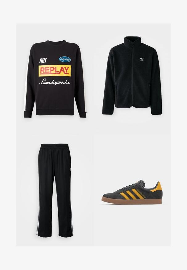 Svart fleecejakke med høy krage, glidelås foran og frontlommer. Har strukturert stoff og liten hvit logo på venstre bryst.; Svart crewneck genser med hvite striper på ermene, med fargerike "Replay" og "Laundryworks" tekstlogoer på forsiden.; Sorte treningsbukser med elastisk midjebånd, med hvite sidestiper og en liten logo. Materialet ser mykt og lett ut.; Sort skinnesko i svart semsket skinn med gule detaljer, med tre striper og en brun gummisåle. Inkluderer en polstret tunge for komfort.