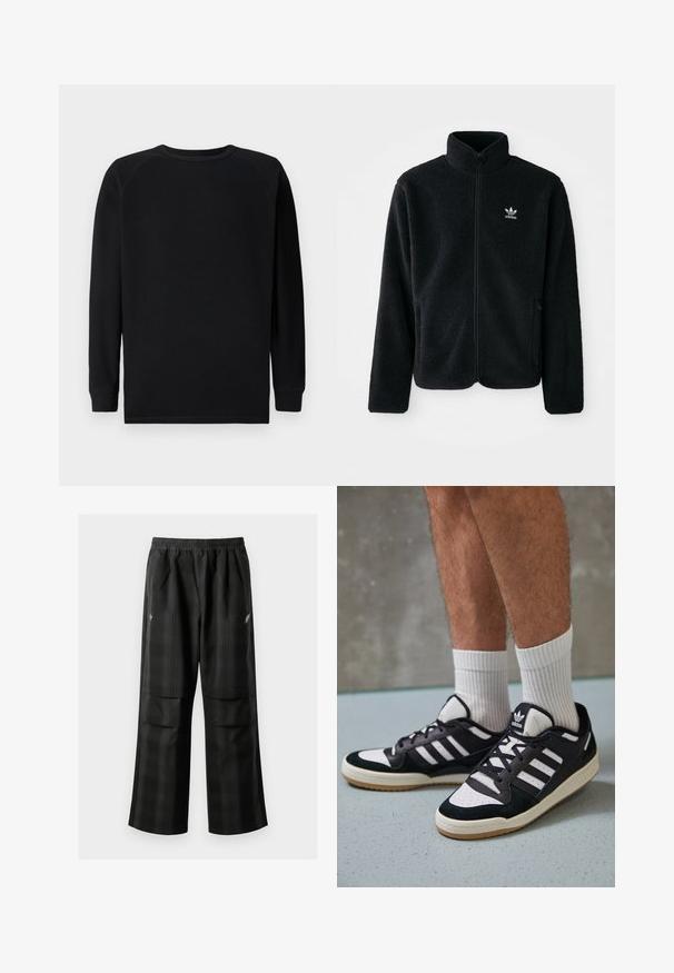 Fekete bolyhos dzseki magas gallérral, cipzáros elejével és elülső zsebeivel. Texturált anyaga és kis fehér logója van a bal mellen.; Fekete hosszú ujjú póló, texturált, gofriszerű kötött mintával. Kerek nyakkivágással és bordázott mandzsettákkal rendelkezik. Nincsenek látható logók vagy minták.; Fekete kockás nadrág, rugalmas derékkal, két elülső zsebbel és laza, egyenes szárú fazonnal. Könnyű anyagból készült.; Fekete-fehér tornacipők velúr és bőr felsőrésszel, három fehér csíkkal, perforált orral és gumi talppal.