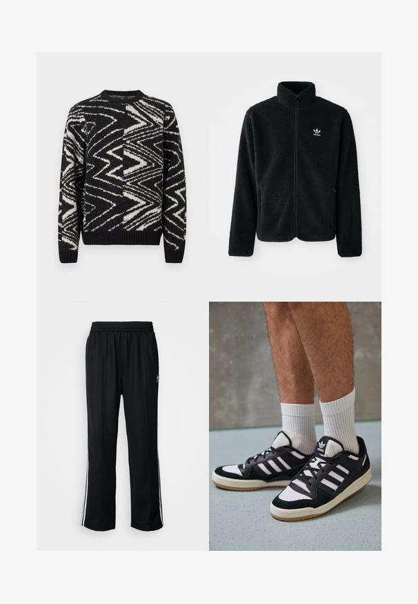 Must värviline fleecedee peasärk kõrge kraega, tõmblukuga esiosa ja esikotid. Omab tekstuuriga kangast ja väikest valget logo vasakul rinnal.; Mustvalge sooja kampsun, millel on abstraktsed zagzag- ja geomeetrilised mustrid, ümmargune kaelus, pikad varrukad ning ribadetailid varrukate ja äärte ääres.; Mustad mustad spordipüksid elastse vöökohaga, millel on valged küljeread ja väike logo. Materjal tundub pehme ja kerge.; Mustvalged ja valged spordijalatsid, mille pealmine osa on valmistatud suede'ist ja nahast. Kingadel on kolm valget riba, auguline varvas ja kummist tald.