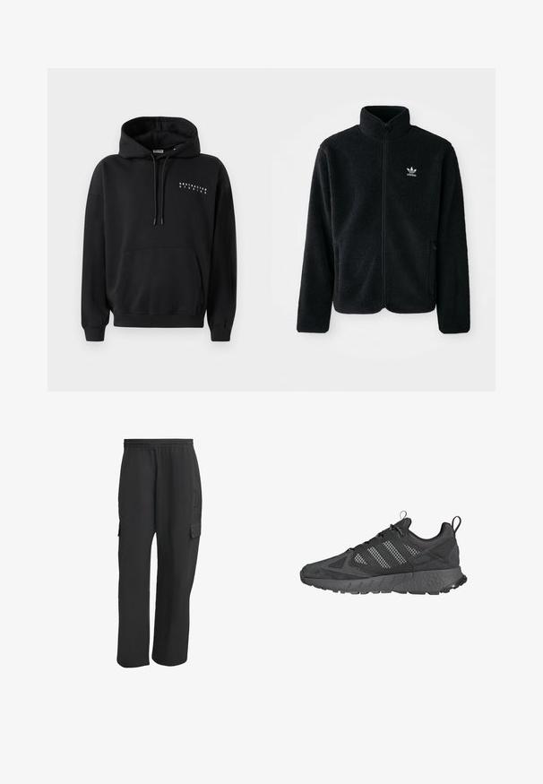 Schwarze Fleecejacke mit hohem Kragen, durchgehendem Reißverschluss und Fronttaschen. Verfügt über strukturiertes Material und ein kleines weißes Logo auf der linken Brust.; Schwarzer Hoodie mit einer vorderen Kängurutasche, Kapuze mit Kordelzug und dem Aufdruck "ABSTRACTED STUDIOS" in Weiß auf der Brust. Pullover-Design.; Schwarze Cargo-Hosen mit elastischem Bund, ausgestattet mit Seitentaschen, lockerer Passform und strukturiertem Stoff. Entwickelt für Komfort und Funktionalität.; Schwarze Sportschuhe mit Obermaterial aus Mesh und Wildleder, strukturierten Gummisohlen, gepolsterter Schuhkragen und markantem grauen Drei-Streifen-Design.