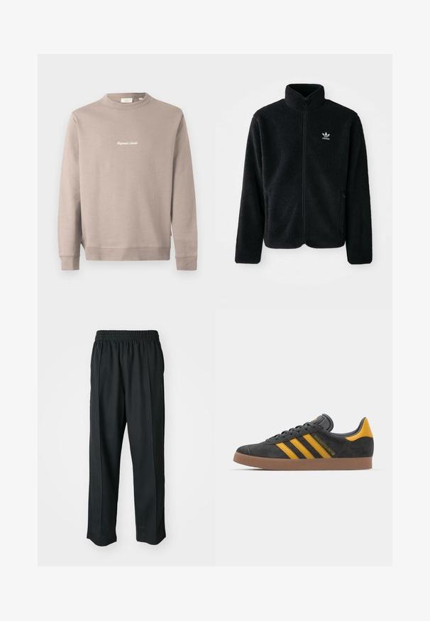 Black fleece jacket with high collar, zip front, and front pockets. Features textured fabric and small white logo on left chest.; Beige sweatshirt with long sleeves and a round neckline. Features "Original Studio" embroidered in white on the chest. Smooth texture, ribbed cuffs.; Black athletic pants with an elastic waistband, made of smooth fabric, featuring subtle side stitching and a relaxed fit, straight leg design.; Black suede sneaker with yellow accents, featuring three stripes and a brown rubber sole. Includes a padded tongue for comfort.