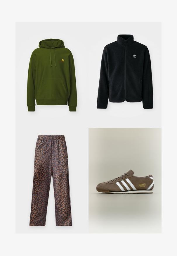 Black fleece jacket with high collar, zip front, and front pockets. Features textured fabric and small white logo on left chest.; Green hoodie made of cotton blend, featuring a kangaroo pocket, adjustable drawstring hood, and embroidered logo on the chest.; Leopard print pants with an elastic waistband. Made from a shiny fabric, featuring a brown base with black spots and a loose fit design.; Brown suede sneaker with three white stripes, flat rubber sole, round toe, and gold "adidas Italia" logo on the side.