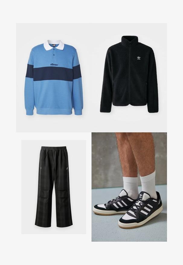 Czarna polarowa kurtka z wysokim kołnierzem, zamek z przodu i kieszeniami z przodu. Posiada teksturowany materiał i małe białe logo na lewej piersi.; Ellesse CIVARO niebieski; Czarne spodnie w kratę z elastycznym pasem, dwoma przednimi kieszeniami i luźnym krojem ze prostymi nogawkami. Wykonane z lekkiego materiału.; Czarno-białe sneakersy z zamszową i skórzaną cholewką, z trzema białymi paskami, perforowanym czubkiem i gumową podeszwą w kolorze gumy.