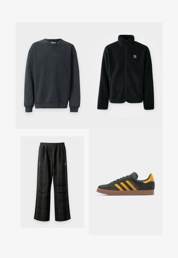 Jachetă din fleece neagră cu guler înalt, fermoar pe față și buzunare frontale. Caracteristici ale materialului texturat și un mic logo alb pe pieptul stâng.; Hanorac gri închis cu guler rotund, mâneci lungi, manșete ribate și o textură netedă. Prezentă un detaliu discret cu cusătură în V la guler.; Pantaloni cu un model carourile negre, având talie elastică, două buzunare frontale și un croi lejer cu picioare drepte. Construiți dintr-un material ușor.; Tenisi negri din suede cu accente galbene, având trei dungi și o talpă din cauciuc maroniu. Include un limba căptușită pentru confort.
